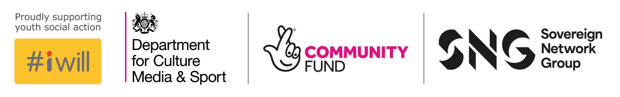 iWill lock up logos IWill logo, Department for Culture, Media and Sport logo, National Lottery Community Fund logo and SNG logo.