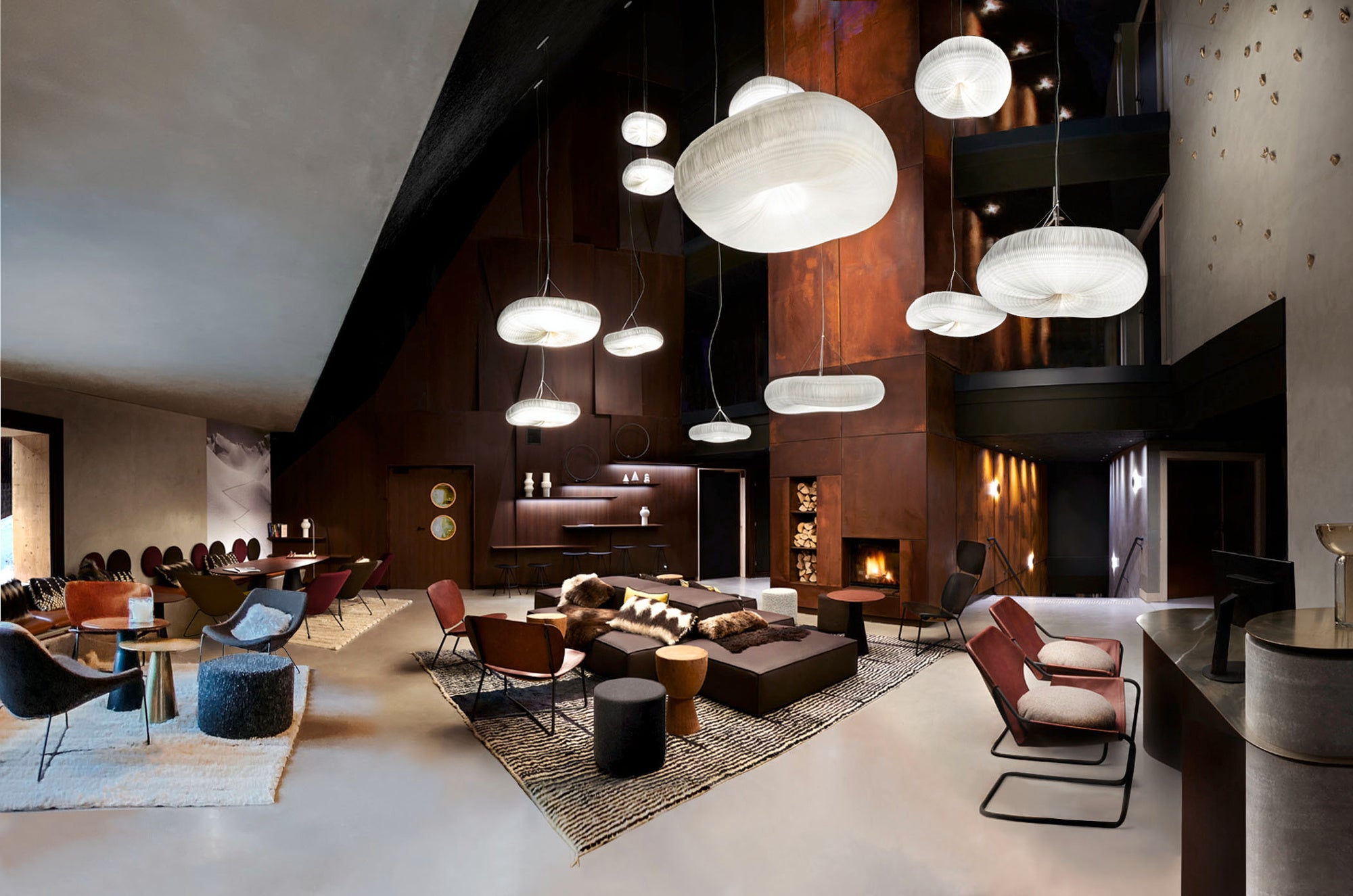 hotel lobby - dark hotel lobby - wood for stove - wood wall stove - wooden wall stove 