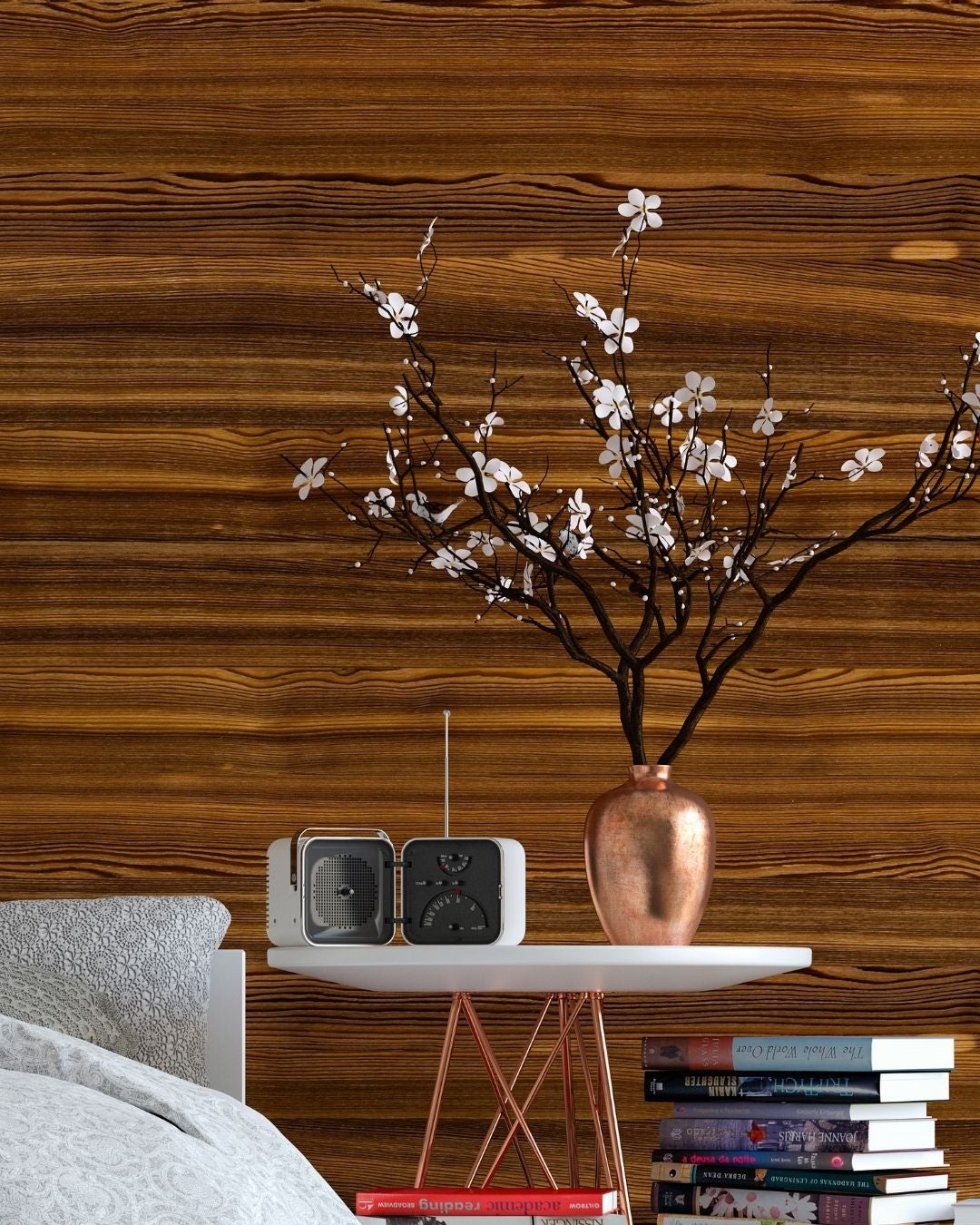 Interior design with wood veneer - smoked larch - bedroom