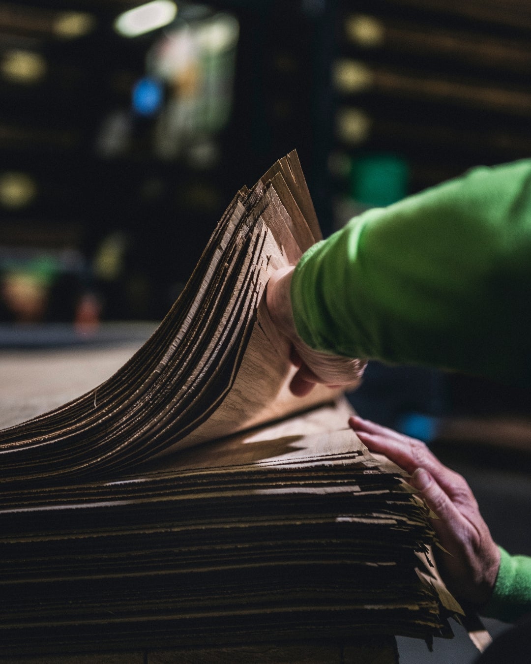 A person holding a stack of wood veneer
