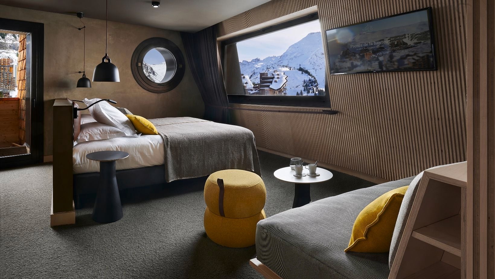 bedroom with view on mountains - veneer walls - slats wall - small slats wall