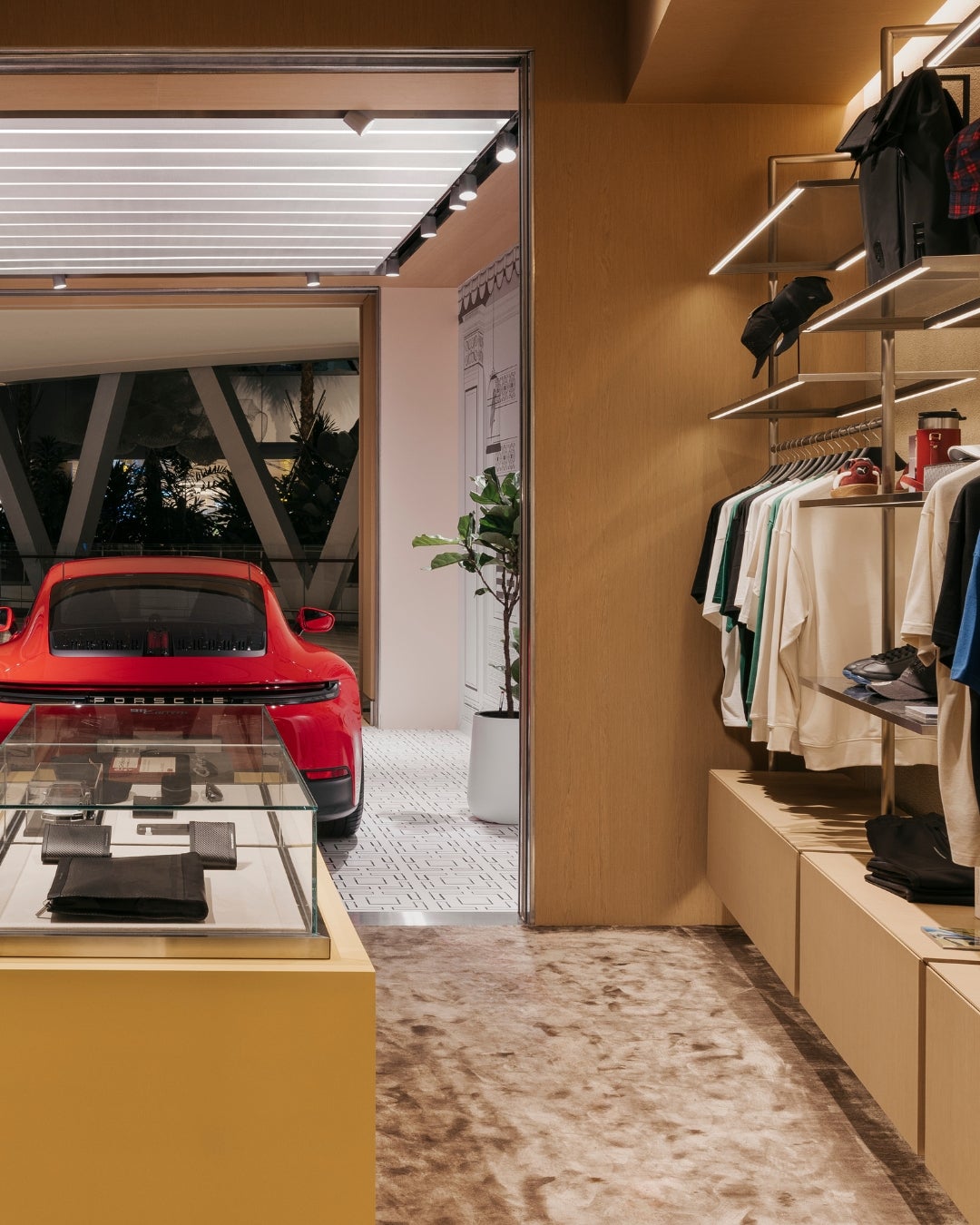 Porsche 911 sports car positioned like a sculpture - retail store - singapore - wood veneer - shinnoki Ivory Oak