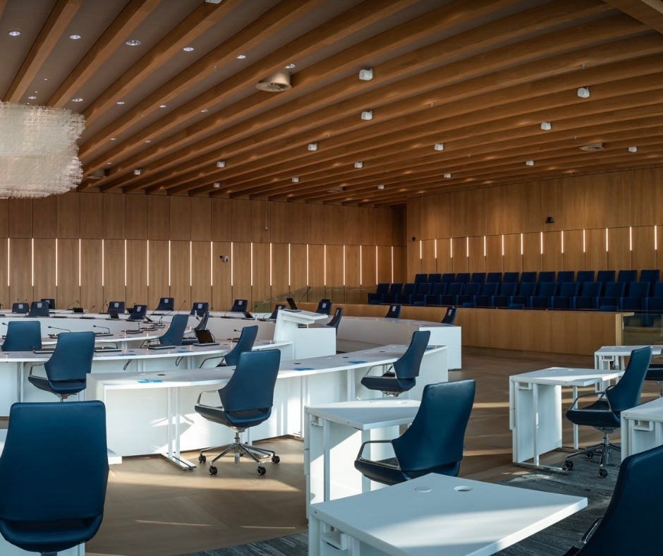 Grande salle de réunion - design d'intérieur - solution acoustique - Astrata Slats - Woodcoustics - placage bois