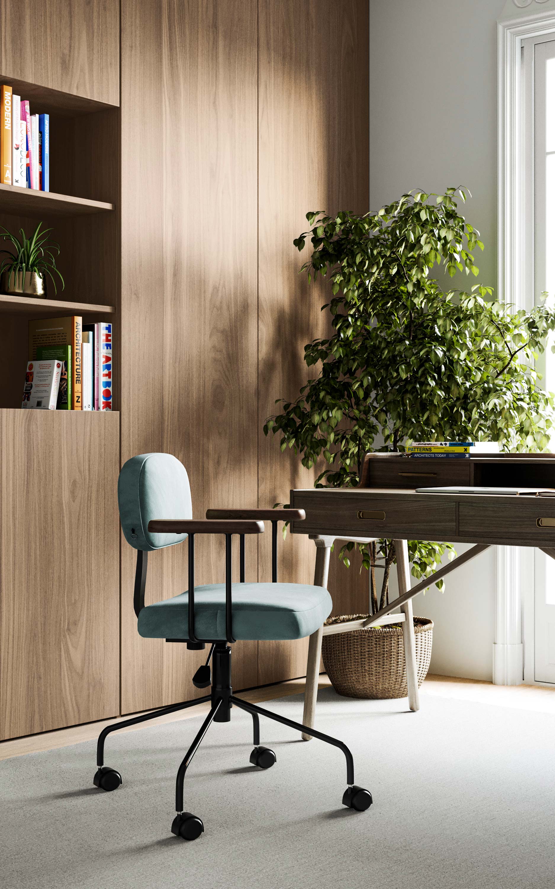 Home office with wood veneer - shinnoki frozen walnut