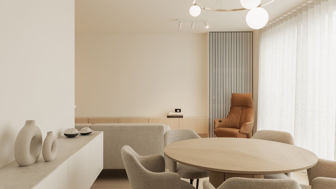 living room with wood veneer - shinnoki milk oak - interior design