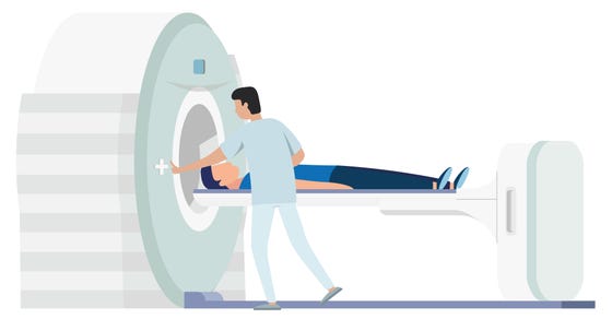 Tekening van een patiënt die op een behandeltafel van een scan ligt