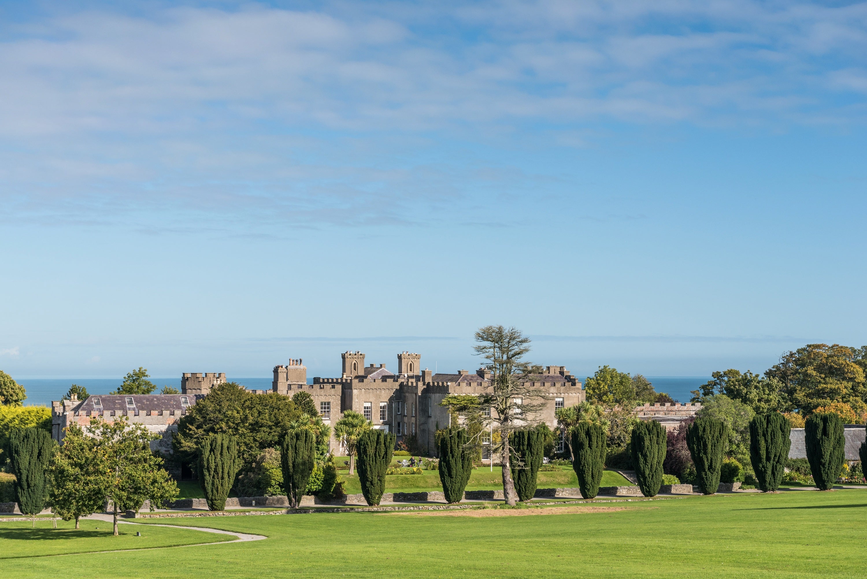 A large castle with trees and grass