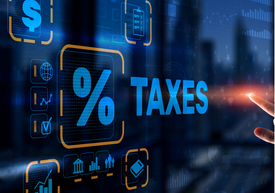 wirtualne ikonki i niebieski napis TAXES