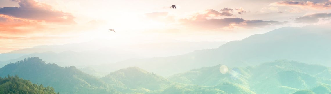 Krajobraz pagórków i gór pokrytych zielonymi lasami oraz rozświetlonego Słońcem nieba po którym przemieszczają sie ptaki.