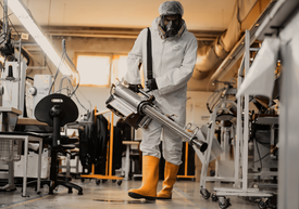 Osoba w białym kombinezonie i masce trzymająca dużą maszynę