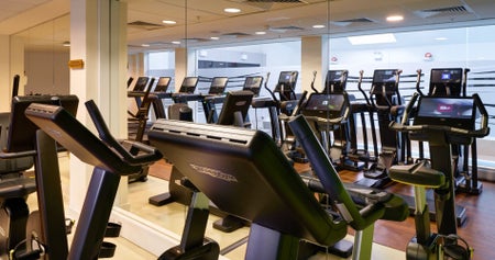 Cardio machines in a modern gym with treadmills and exercise bikes