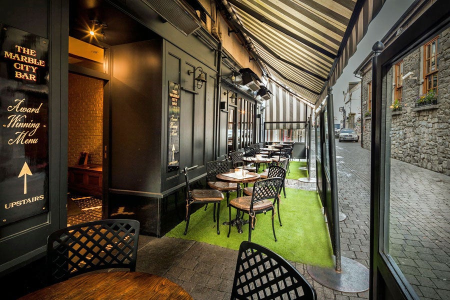 Entrance and seating area to Marble City Tearooms on Kieran Street Kilkenny