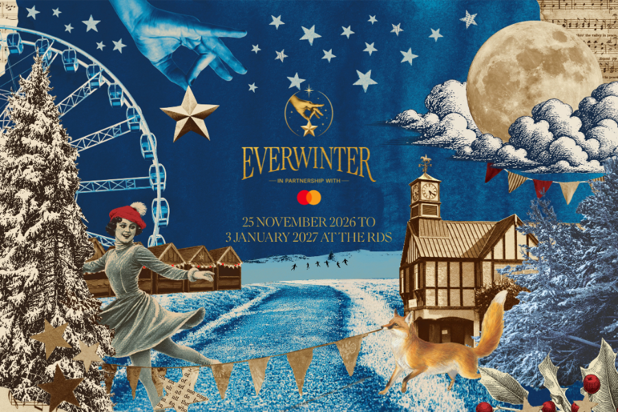 Hero image comprising all elements of Everwinter: a lady ice skating, big wheel, the RDS showgrounds, wooden chalets, moon and stars