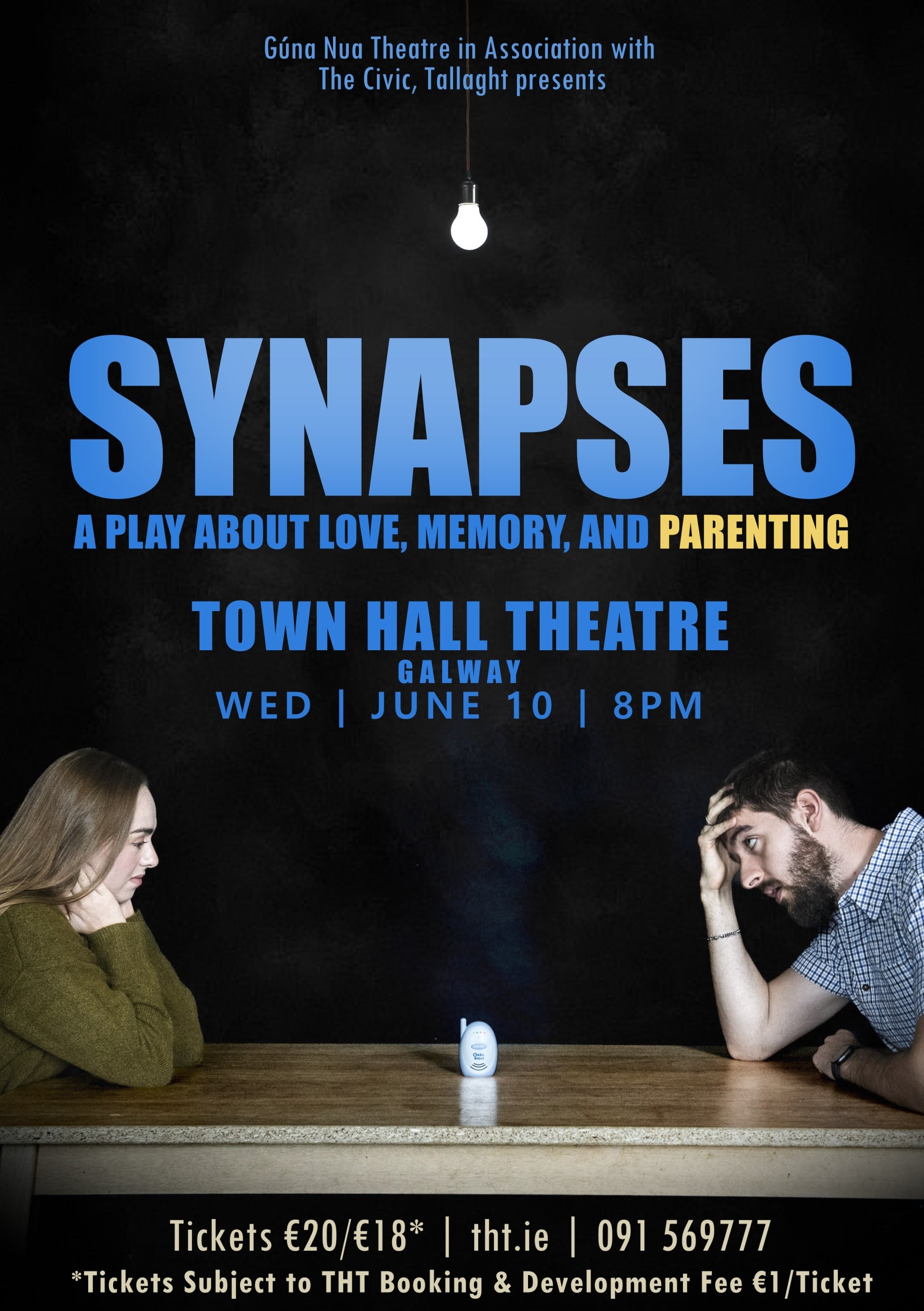 Poster of theatre show SYNAPSES in Town Hall Theatre Galway performance event entertaiment