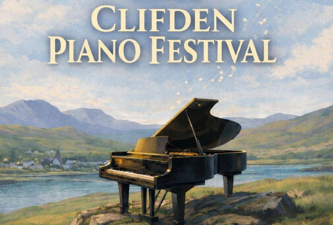 Painting of a grand piano on rocks overlooking water, mountains and small town in the distance.