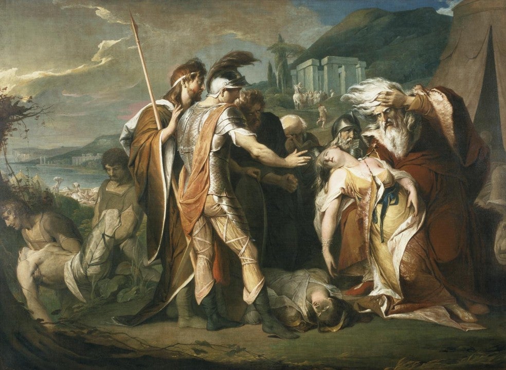 A painting of men gathered around a limp woman.
