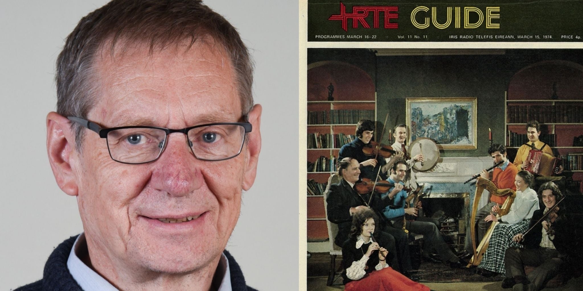 Peter Browne and a cover for the RTÉ Guide featuring musicians playing around a fireplace.