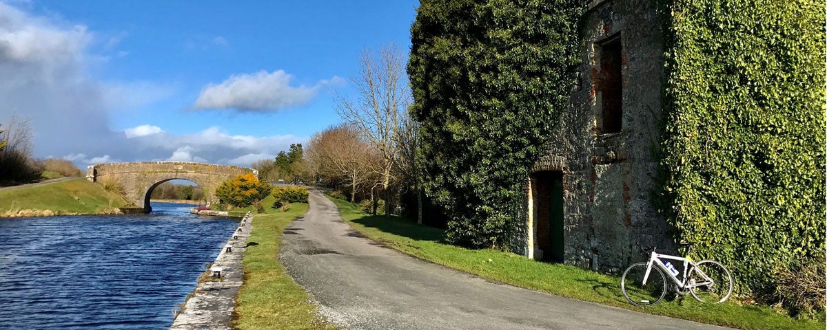 Cycle path next to the Royal Canal with bridge and ruins