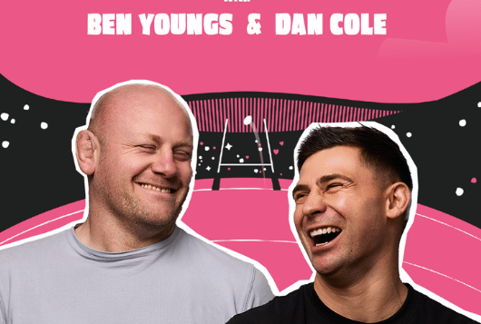 For the Love of Rugby with Ben Youngs & Dan Cole, 2 men laughing together with Pink and black background with rugby posts