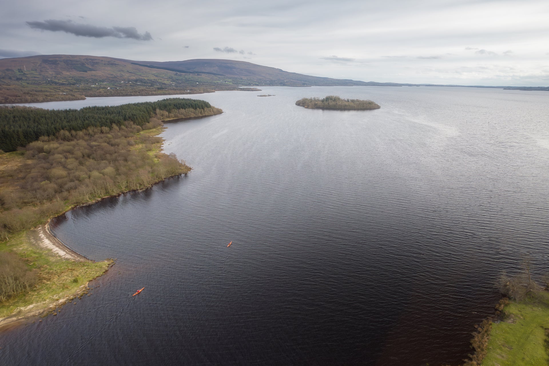 Aerial image of two people kayaking the River Shannon