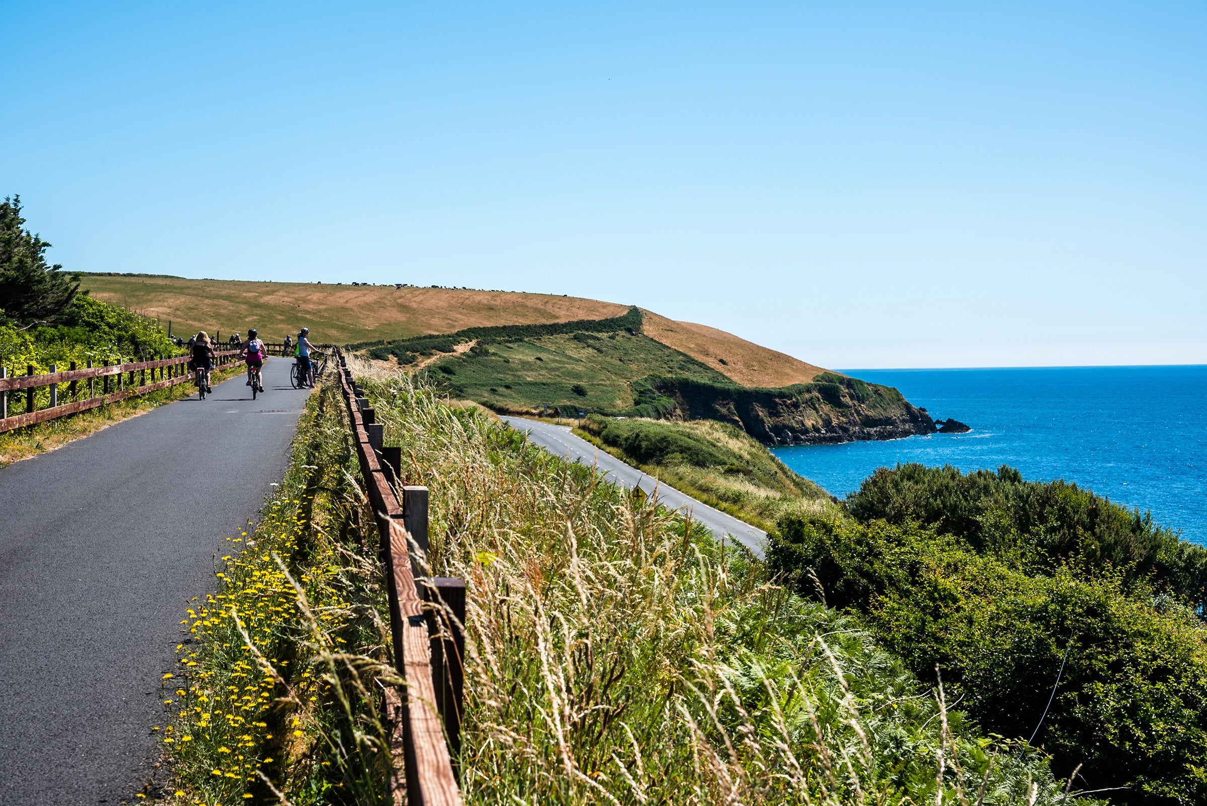 Three people cycling by the sea along the Waterford Greenway in County Waterford