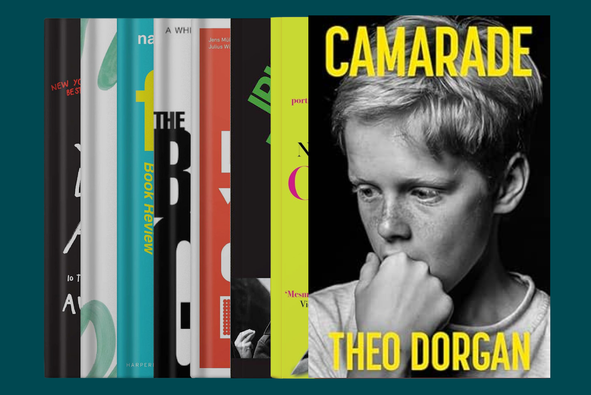 Book covers, with Camarade by Theo Dorgan at the front towards the right handside, a black and white image of a young boy with the book title in stark yellow writing
