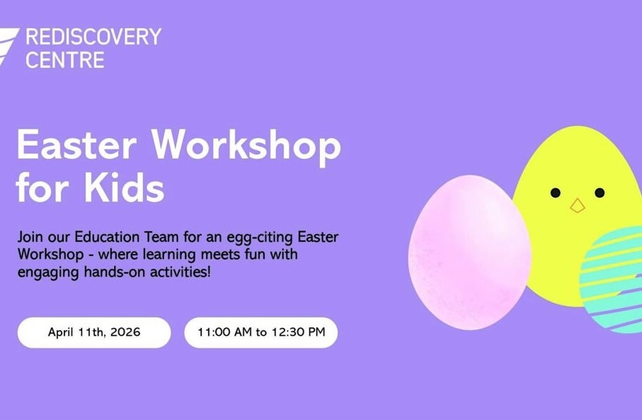 Poster in for Easter Workshop for Kids at Rediscovery Centre with simple egg and chicken egg.