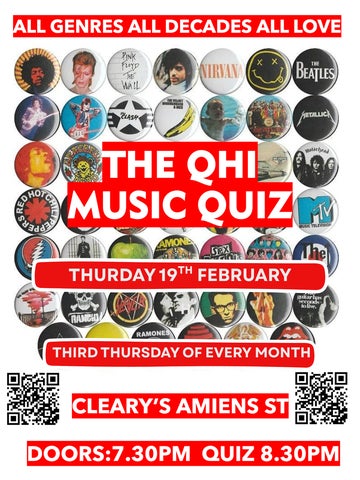 QHI Music Quiz Poster with rows of music badges and red text which reads: QHI Music Quiz Thursday 19th February 730pm - 8.30pm And Every third Thursday in Clearlys Pub, Amiens St
