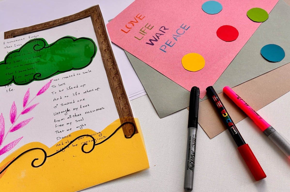 Bealtaine Workshop for Older Adults: Scents of Life, looking down at simple art works on a table with some pens.