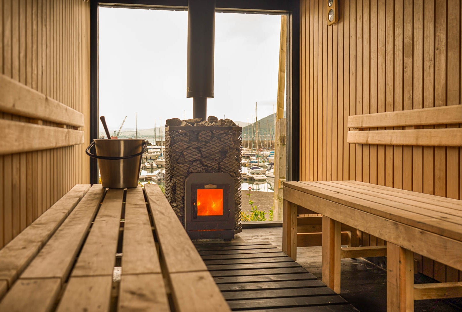 Interior of a sauna at The Hot Box Sauna Carlingford Marina