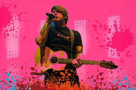 A man with a guitar singing into a mic with pink background and splashed colours across the bottom edge.