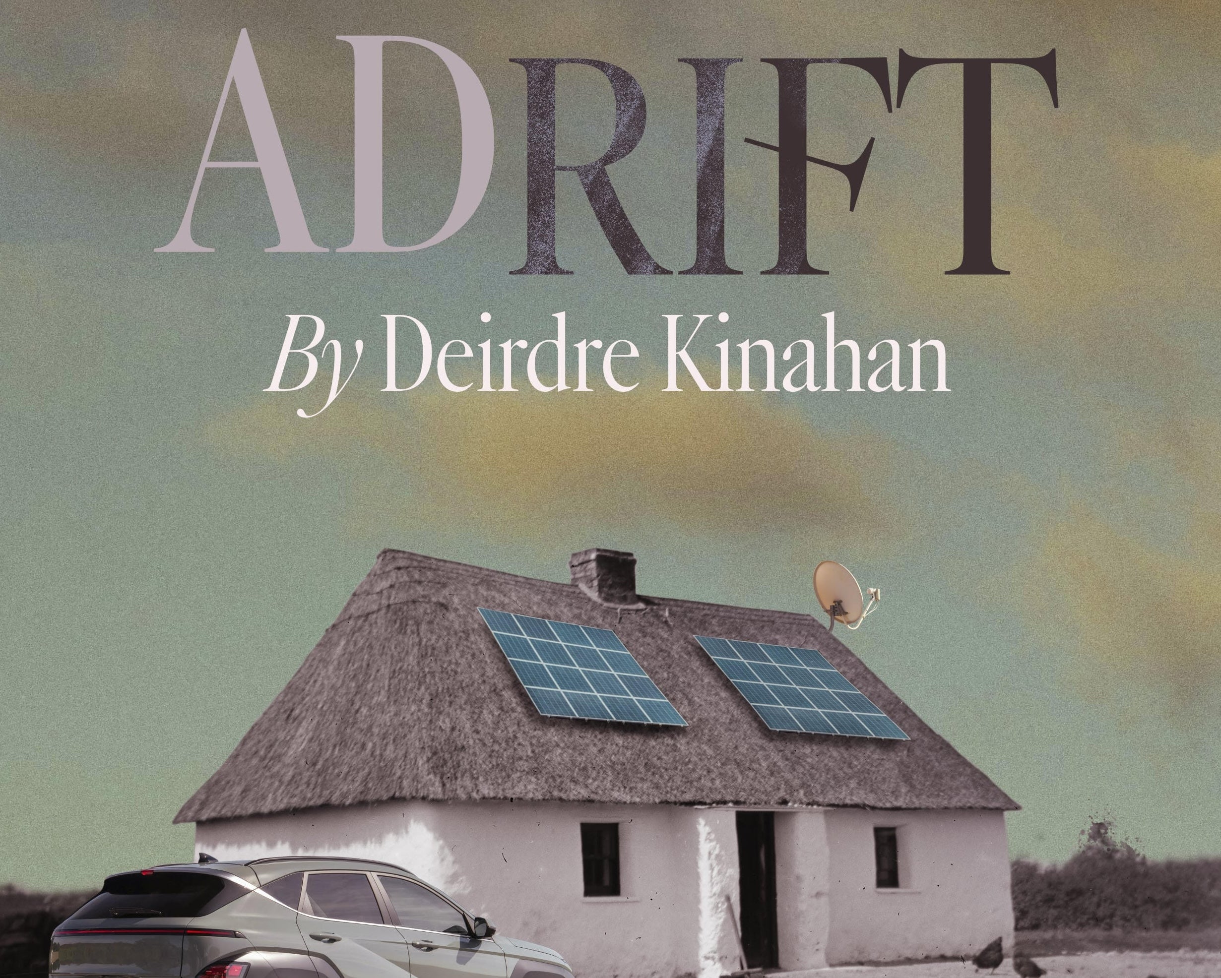 Adrift at Backstage Theatre Longford, a car parked in front of a white thatched cottage with 2 solar panels on the roof.