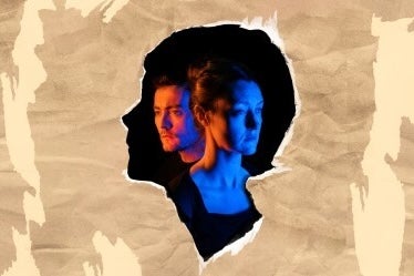 Play Poison by Lot Vekemans - silhouette of profile of a head in black containing faces for 2 sad people facing opposite directions.