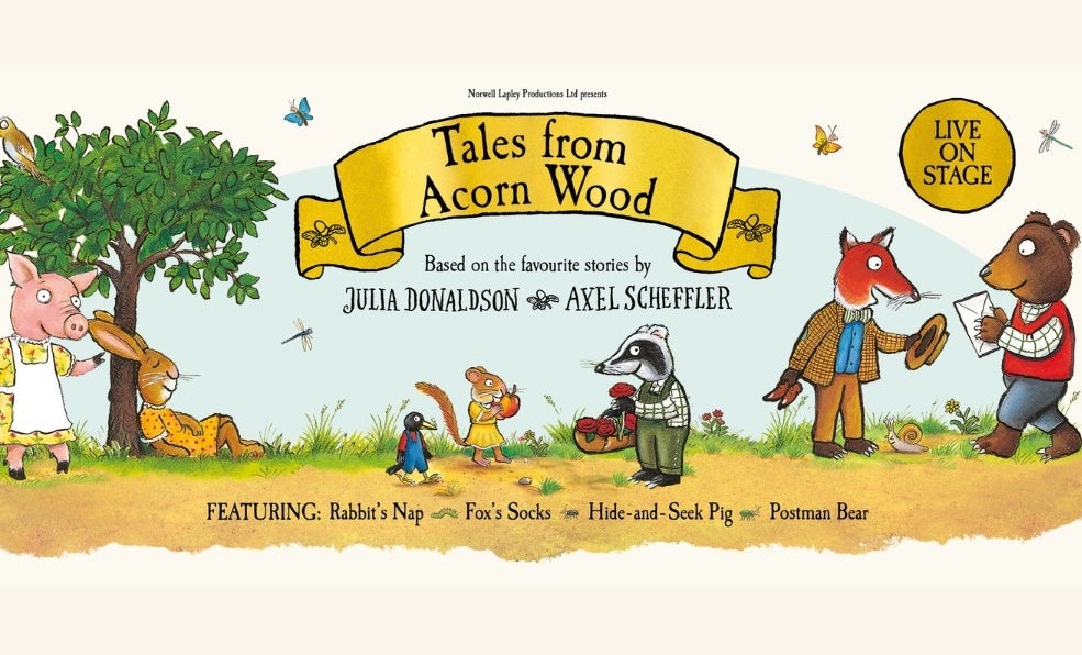 Poster for Tales from Acorn Wood with cartoon animals dressed in clothes like people.