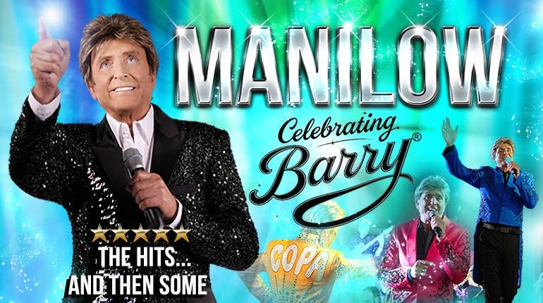 Poster for Celebrating Barry, Ultimate Manilow Tribute Show, with large text and man pointing in a black sparkly jacket