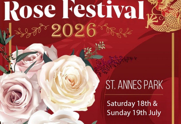 Poster for Rose Festival 2026 at St Anne's Park with pale pink roses against dark red background.