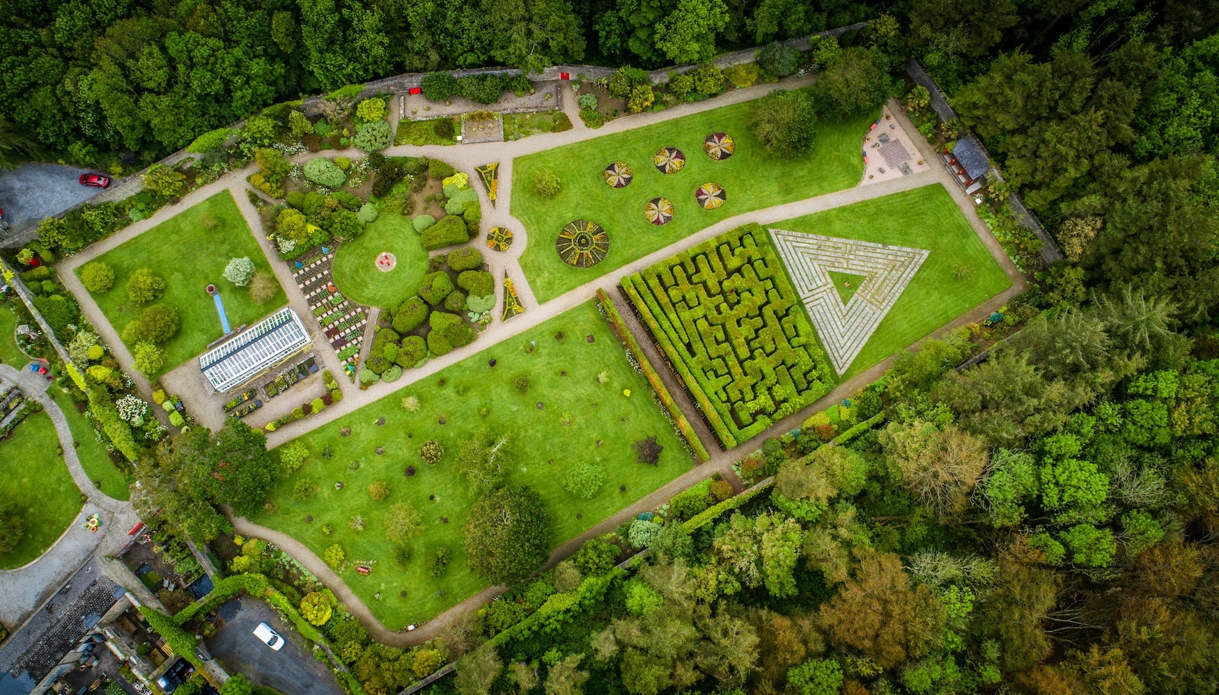Aerial view of the Vandeleur Walled Gardens in Kilrush, County Clare