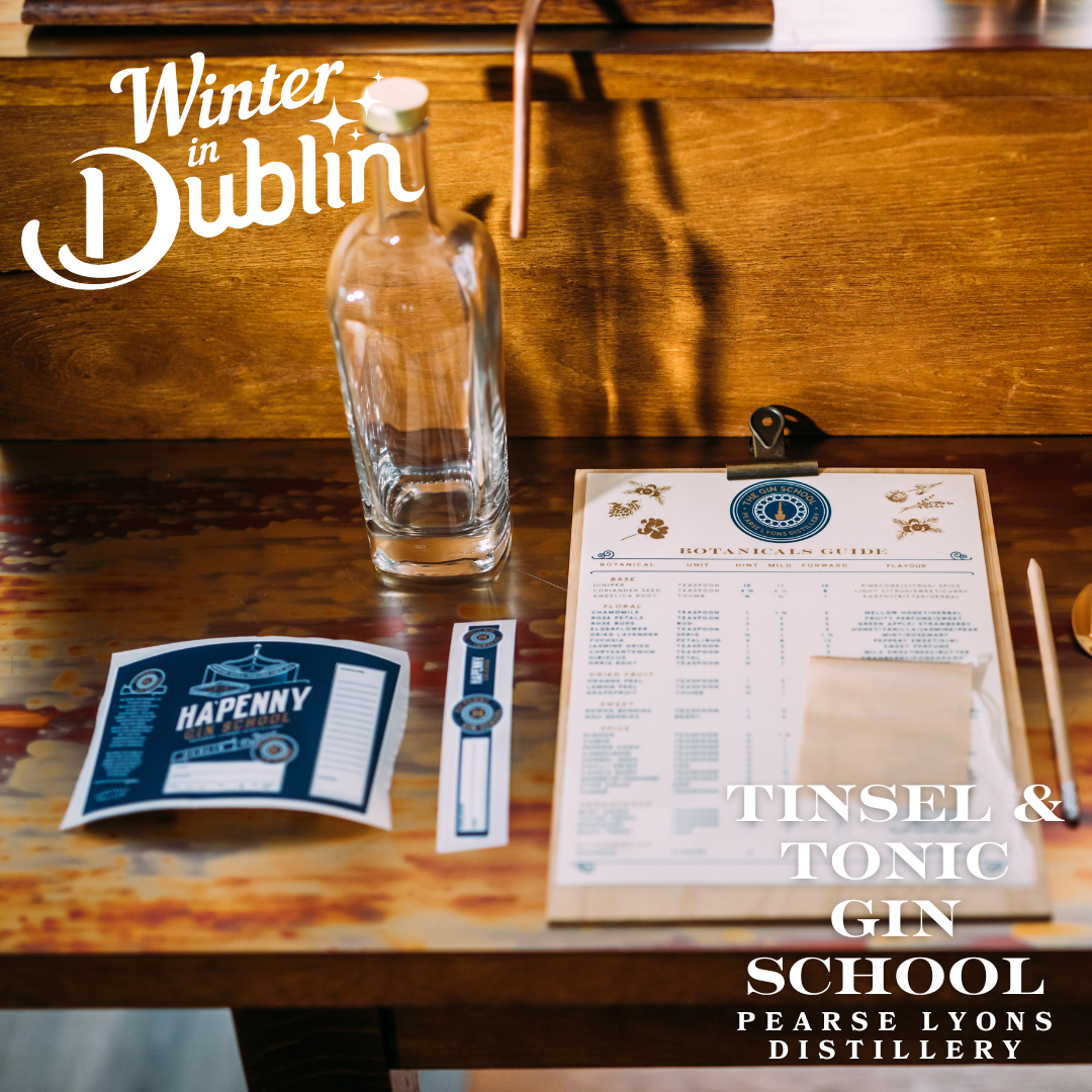 The Gin School set up with worksheet, bottle, label & copper pot still.