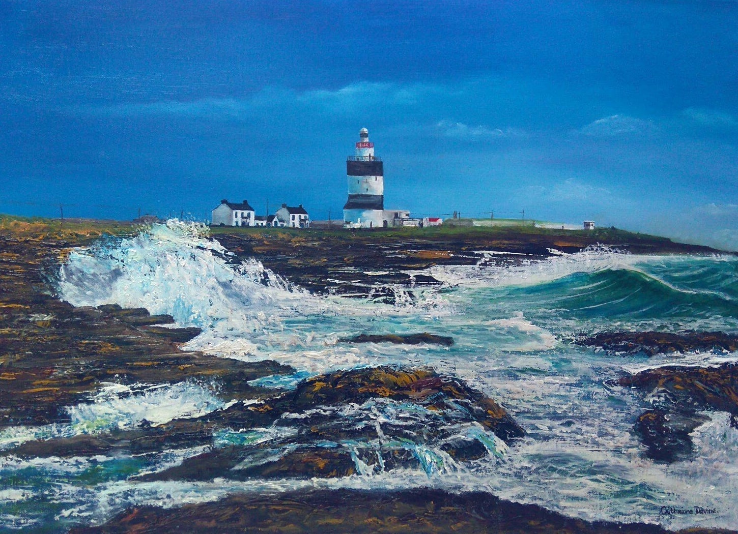 Painting of a lighthouse on a cliff with waves crashing against them
