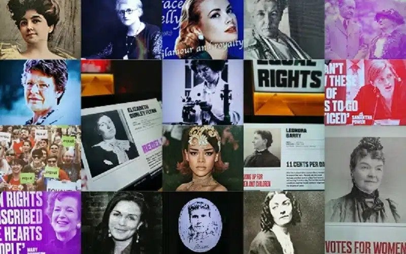 Collage of small picture of different women through out history, some with text.