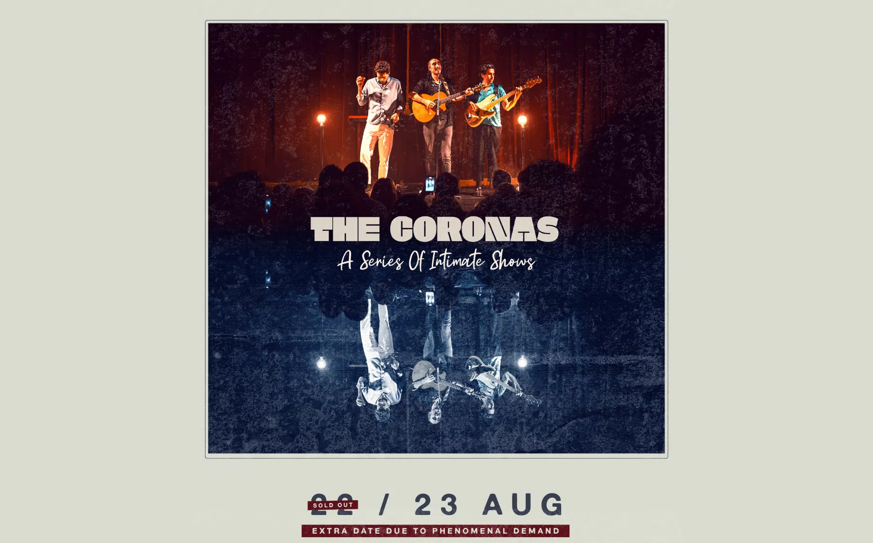 Poster with 3 men playing on a stage standing close together, reflected image below in black and white.