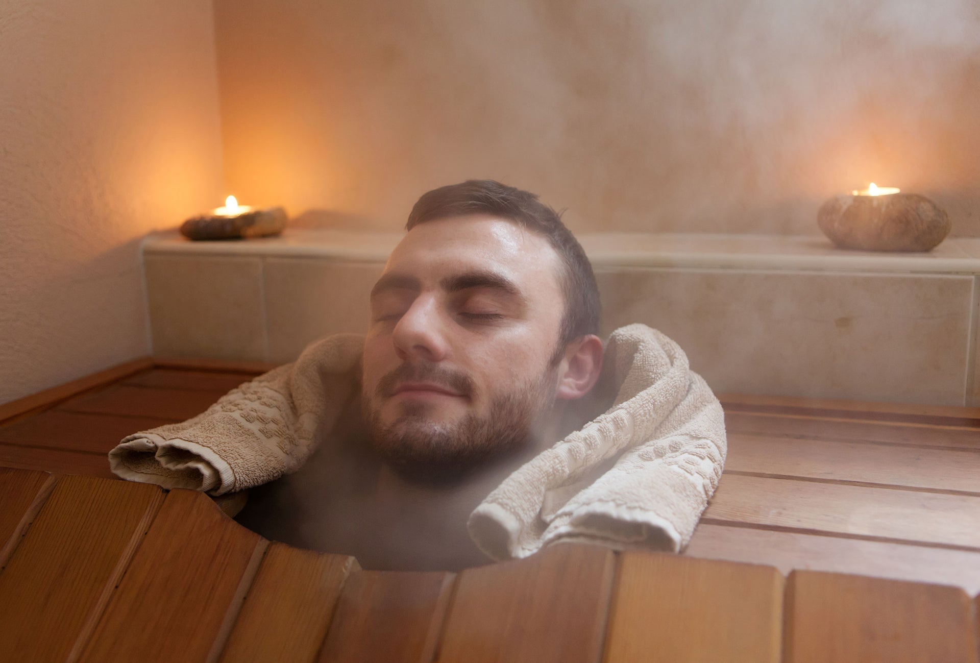 Man in a steam cabin at spa in Solas na Mara