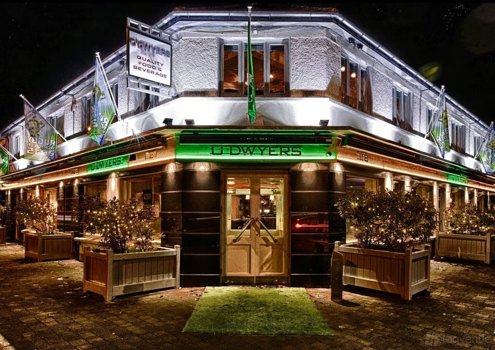 Outside a pub on a corner at night with the name on a green background and planters either side