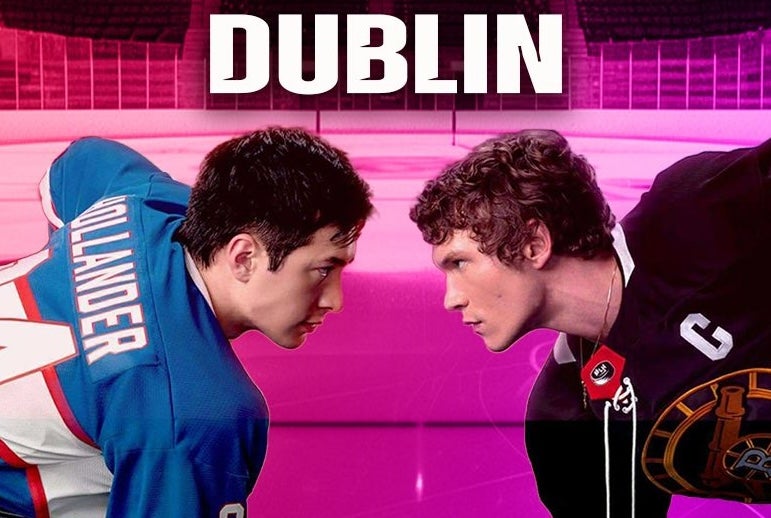 Heated Rivalry Club Dublin - 2 men in different jerseys, crouched head to head in football pose.