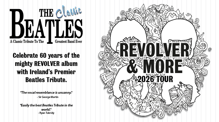 Poster for The Classic Beatles, Revolver & More Tour with text and black and white patterned background overlaid with outline of 4 heads of hair in white