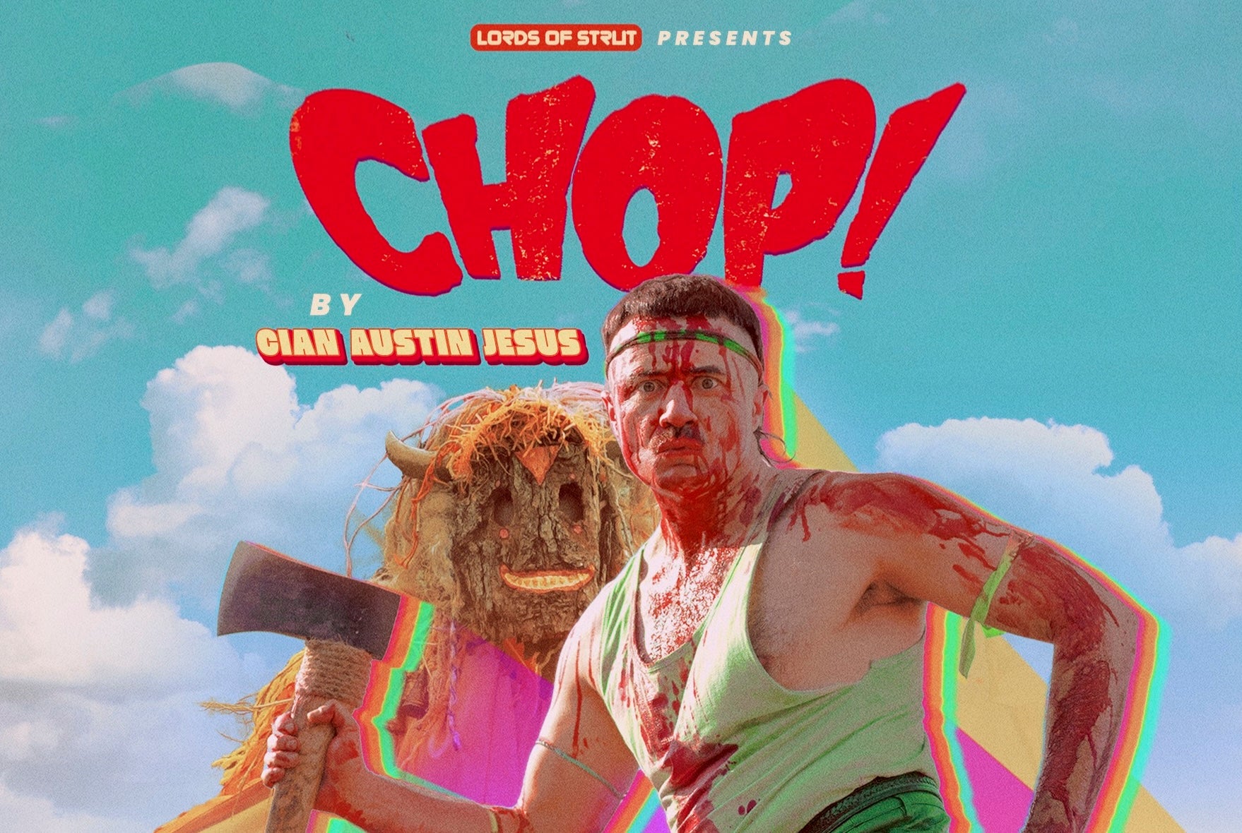A shocked looking man holding an axe with his head and shoulders covered in blood