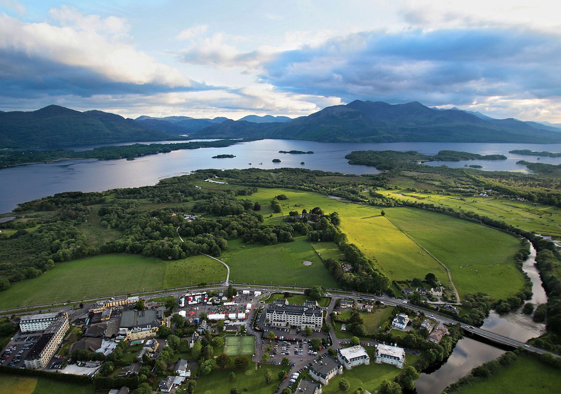 Aerial view of the Gleneagle Conferences and Events Centre with Killarney lakes in the background