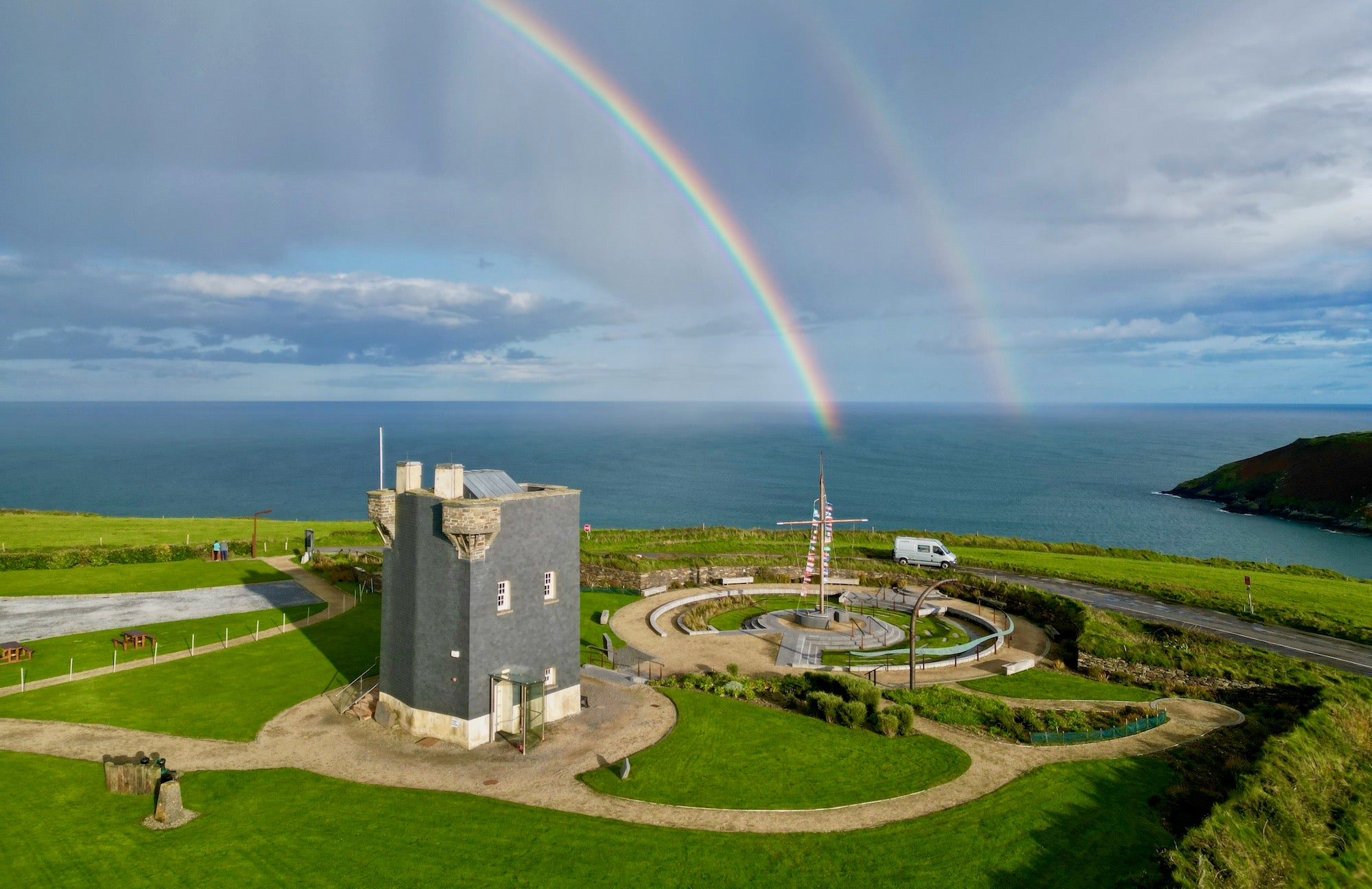 Aerial view of Lusitania Museum and Old Head Signal Tower in Co Cork