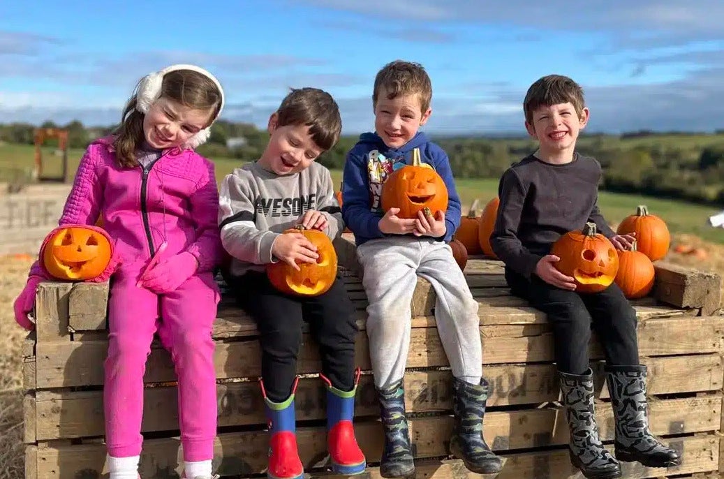 Outdoors on a sunny day, 4 children are seated on a large wooden crate holding carved pumpkins.