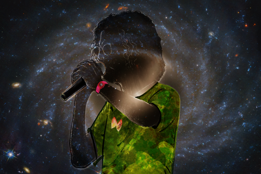 Faint image of person holding a mic in both hands